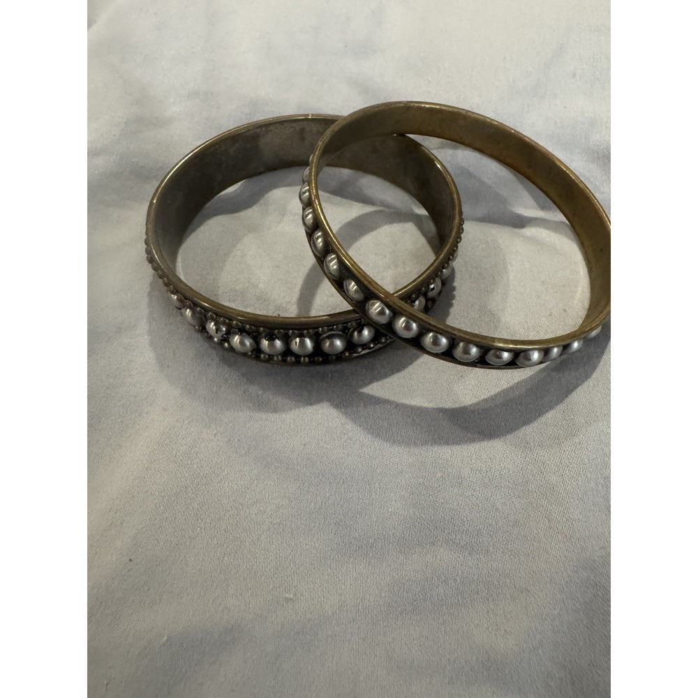 Set of 2 Two Tone Bangle Bracelets Brass Tone Silver Tone Studded Boho Stackin